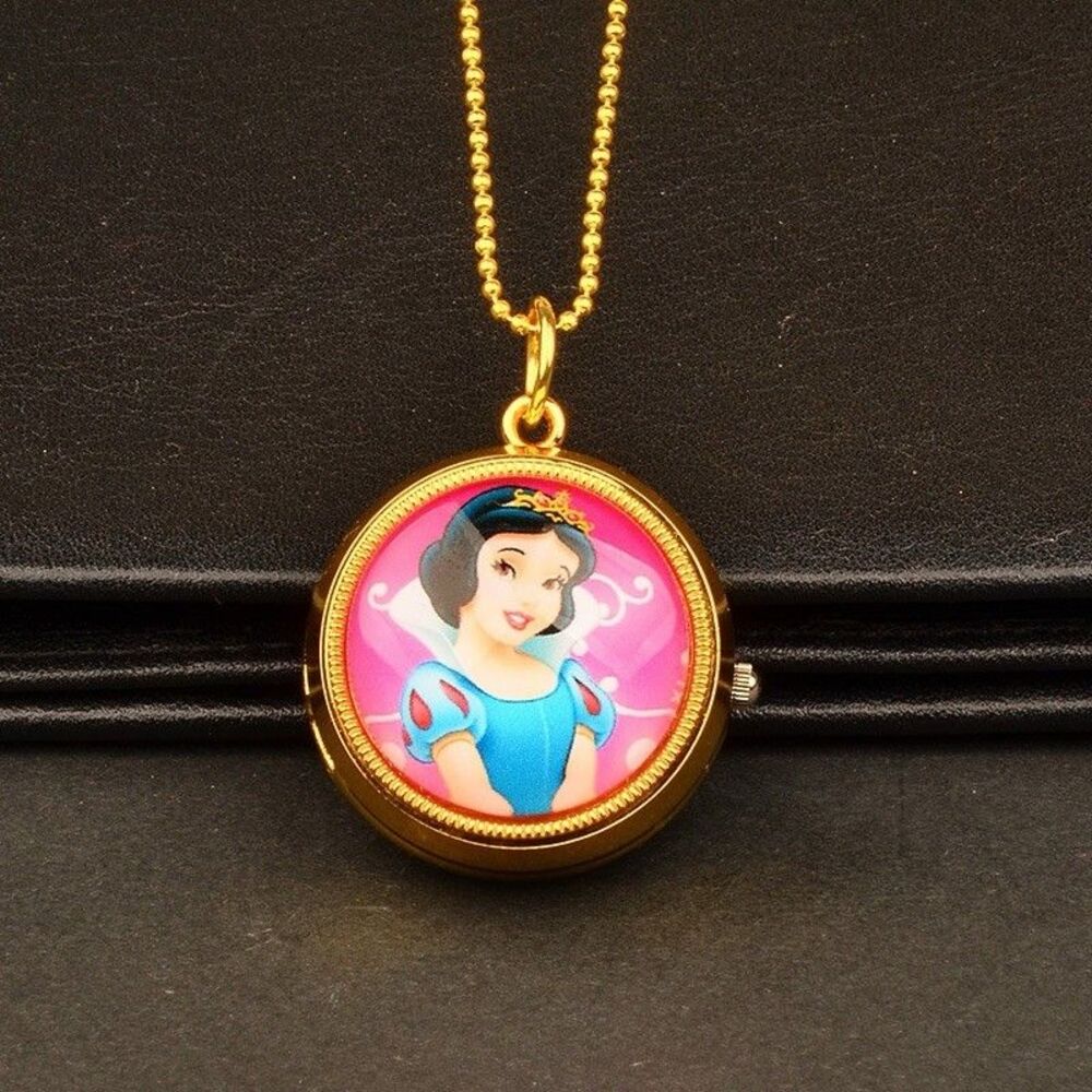 Gold Tone Heart Rhinestone Locket Quartz Pocket Watch Necklace White Dial